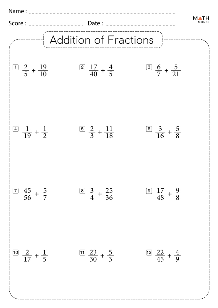 Adding Fractions Worksheets with Answer Key