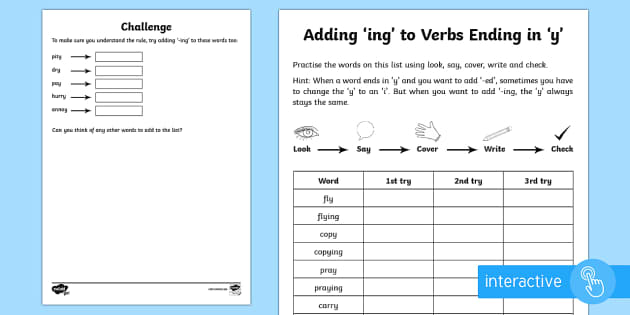 Year 2 - Adding -ing to Verbs Ending in y Worksheet