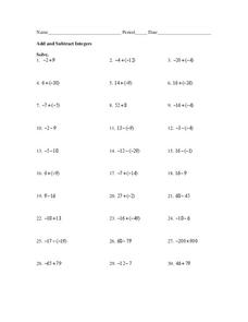 Add and Subtract Integers Worksheet for 6th - 8th Grade | Lesson ...