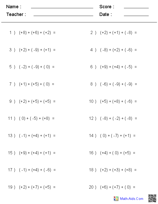 Integers Worksheets | Dynamically Created Integers Worksheets