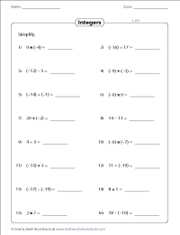 Integers Worksheets