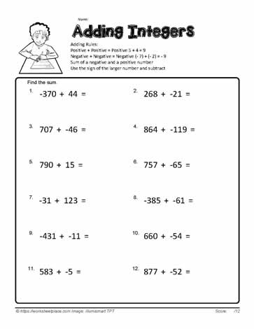 adding integers worksheet and answers