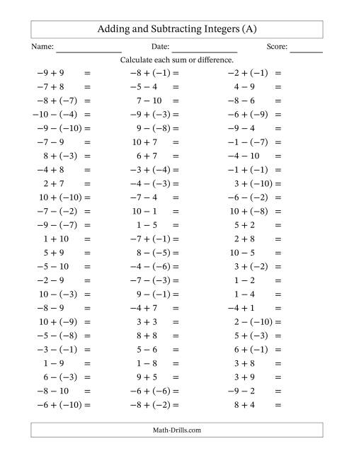 Adding and Subtracting Mixed Integers from -10 to 10 (75 Questions ...