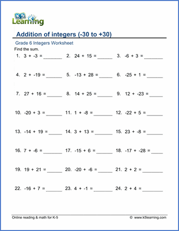 Grade 6 Integers Worksheets: Addition of integers (-30 to 30) | Worsheets library...