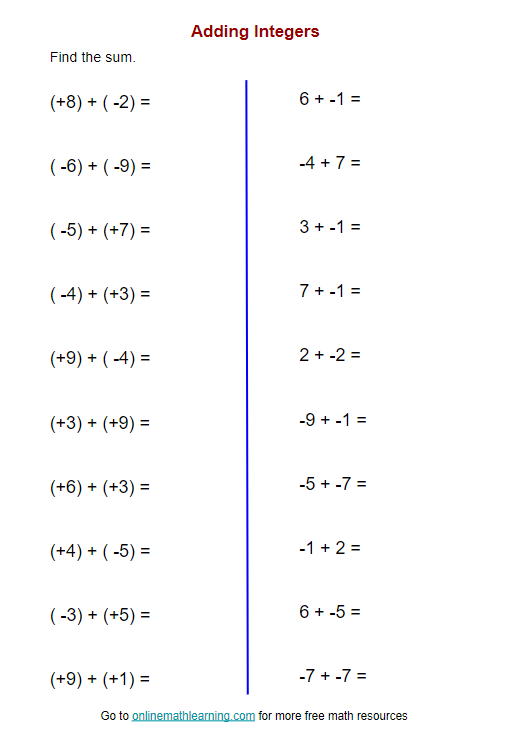 Adding Integers Worksheet (printable, online, answers, examples)