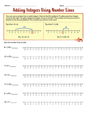 Adding Integers Using Number Lines | Worksheet 