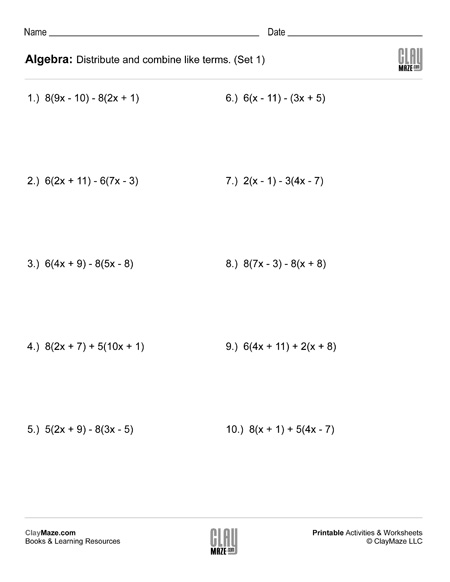 Algebra: Distribute &  Combine Like Terms (Set 1) | Homeschool ...