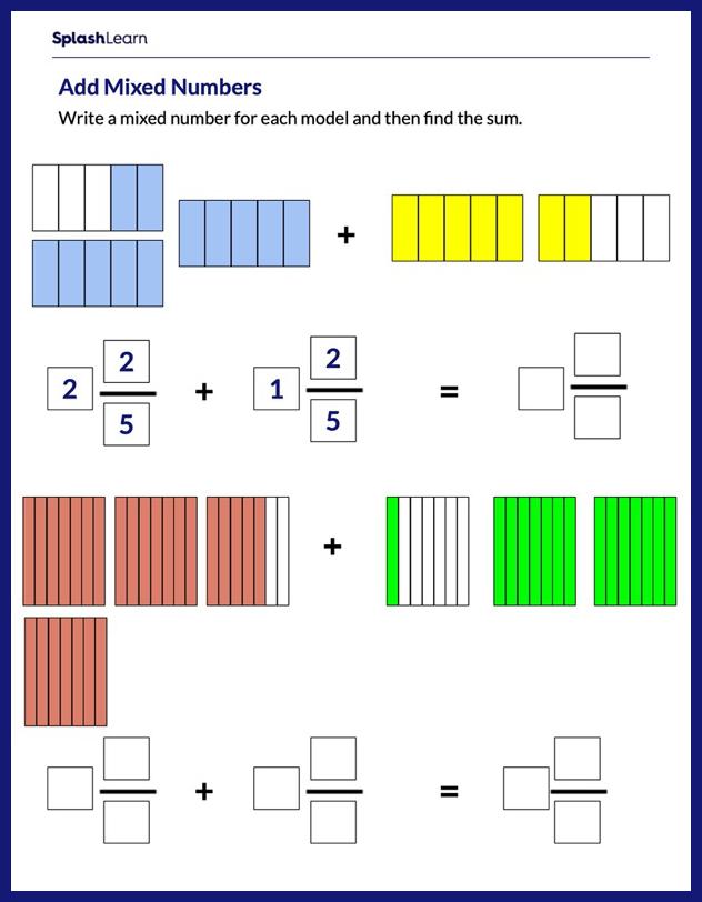 Add Mixed Numbers Using Models - Math Worksheets - SplashLearn