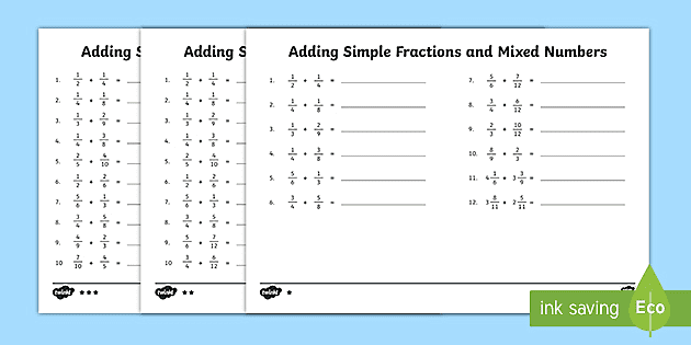 Adding Simple Fractions and Mixed Numbers Worksheet - Twinkl