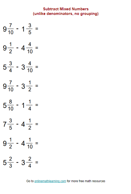 adding mixed numbers with different denominators worksheet
