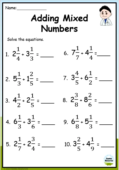 adding mixed numbers with unlike denominators worksheet