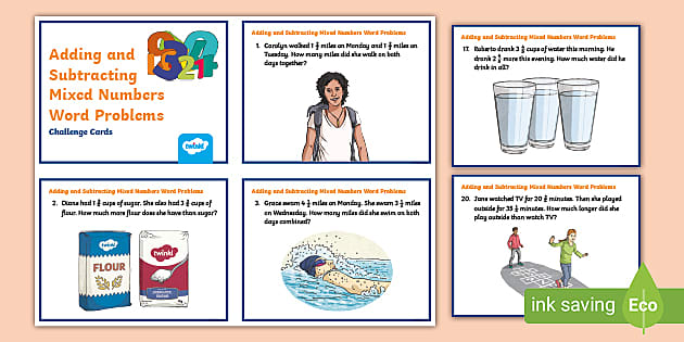 Adding and Subtracting Mixed Numbers Word Problems Challenge Cards ...