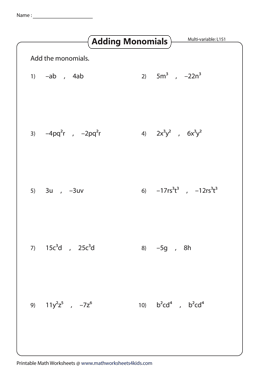 Adding Monomials Worksheets