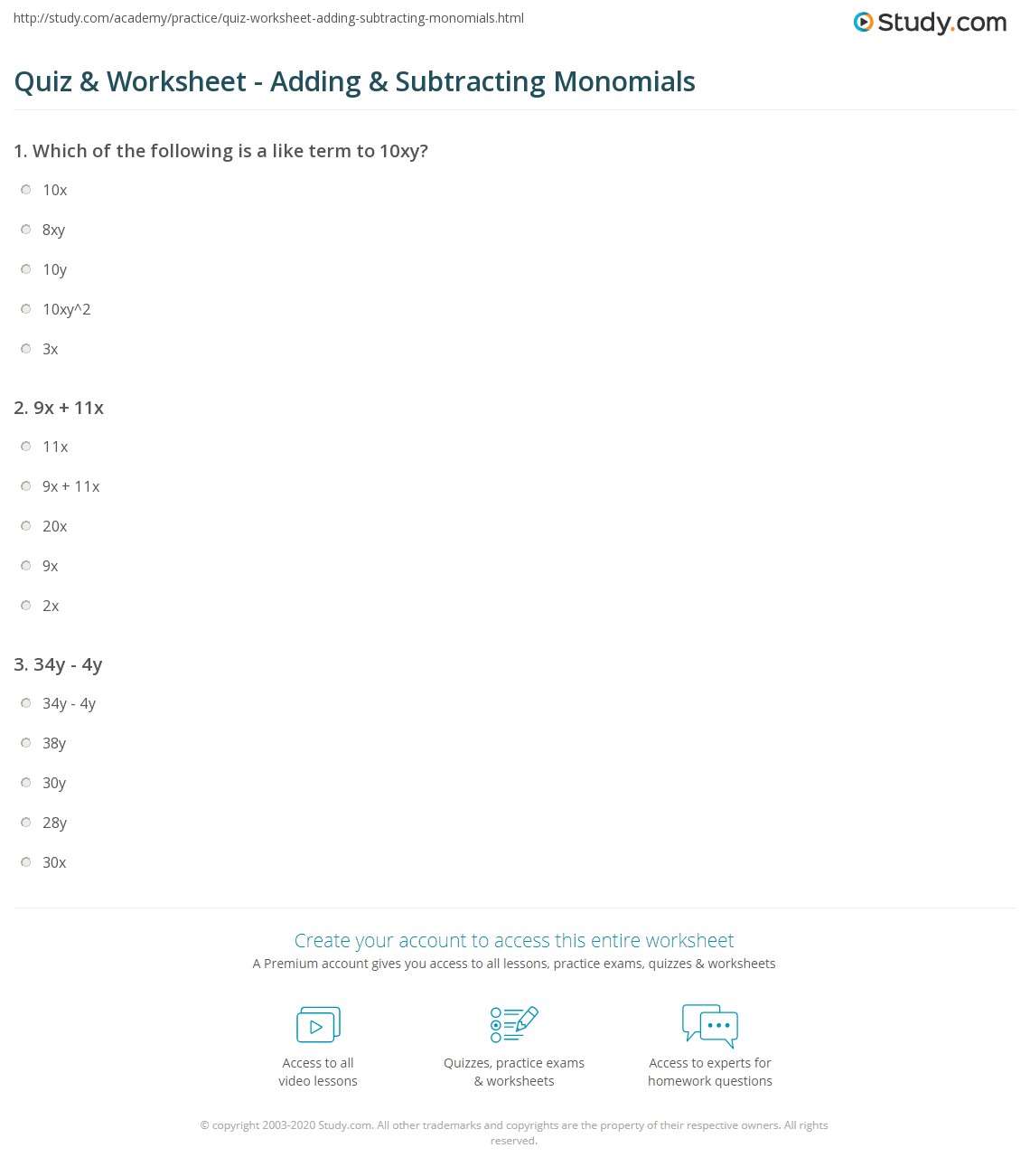 Quiz &  Worksheet - Adding &  Subtracting Monomials | Study.com