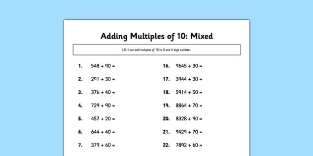 Adding Multiples of 10 to Mixed Numbers (teacher made)