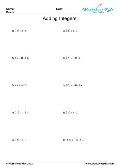 Adding and Subtracting Integers Worksheets for Grades 6-8 - PDF
