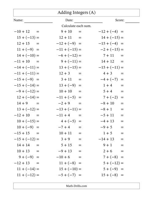 Adding Mixed Integers from -15 to 15 (75 Questions) (A)