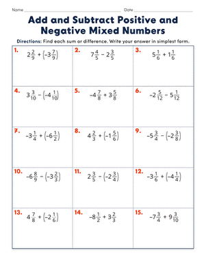 Add and Subtract Positive and Negative Mixed Numbers | Worksheet ...