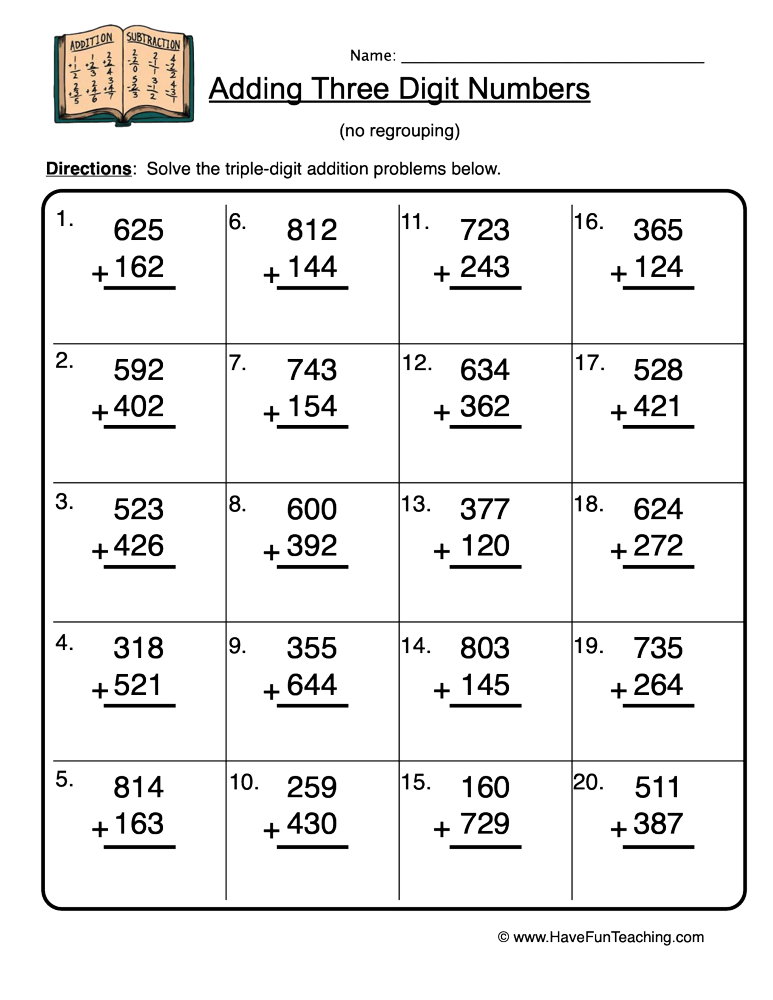 Triple Digit Addition without Regrouping Worksheet  