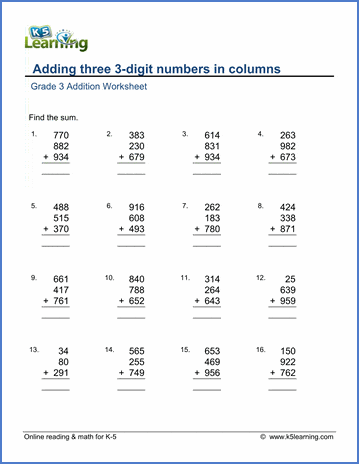 Grade 3 Addition worksheets: Adding three 3-digit numbers in ...