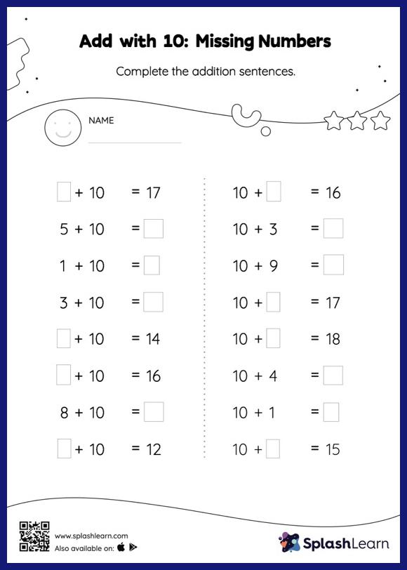 Add with 10: Missing Numbers - Math Worksheets - SplashLearn
