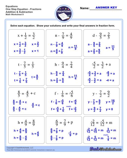 adding one step equations worksheet