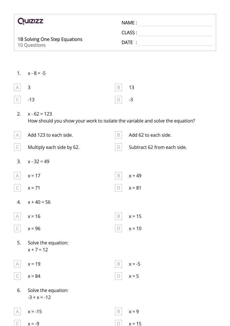 adding one step equations worksheet