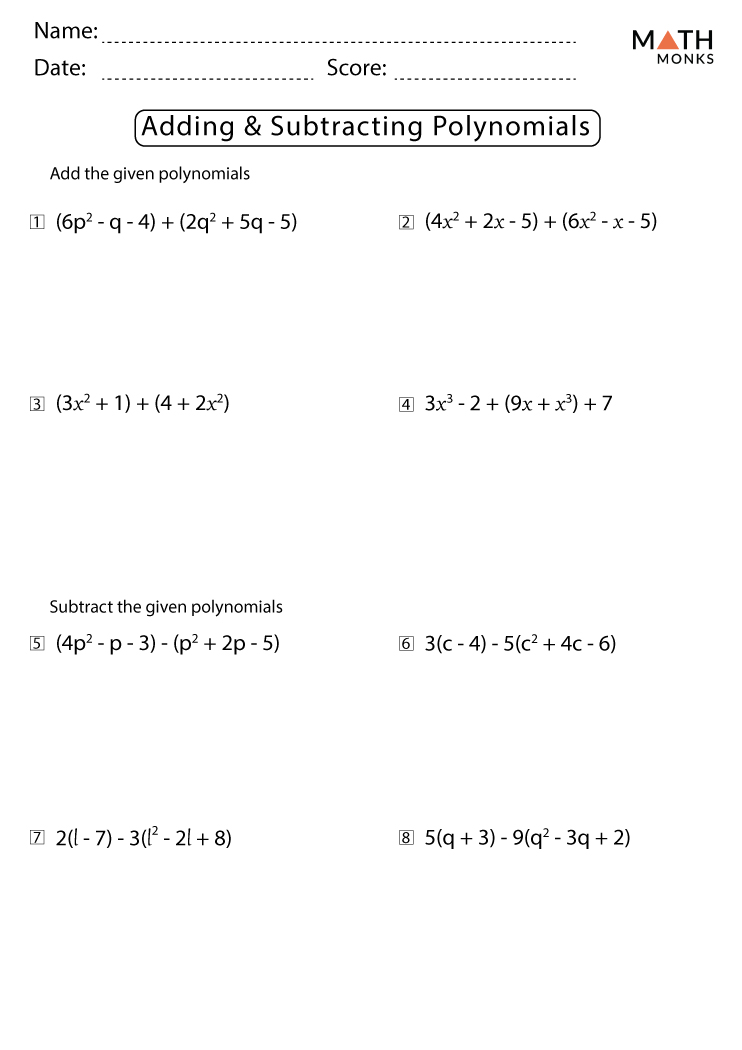 Adding and Subtracting Polynomials Worksheets with Answer Key