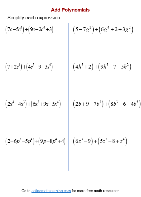 Add &  Subtract Polynomial Worksheets (printable, online, answers ...