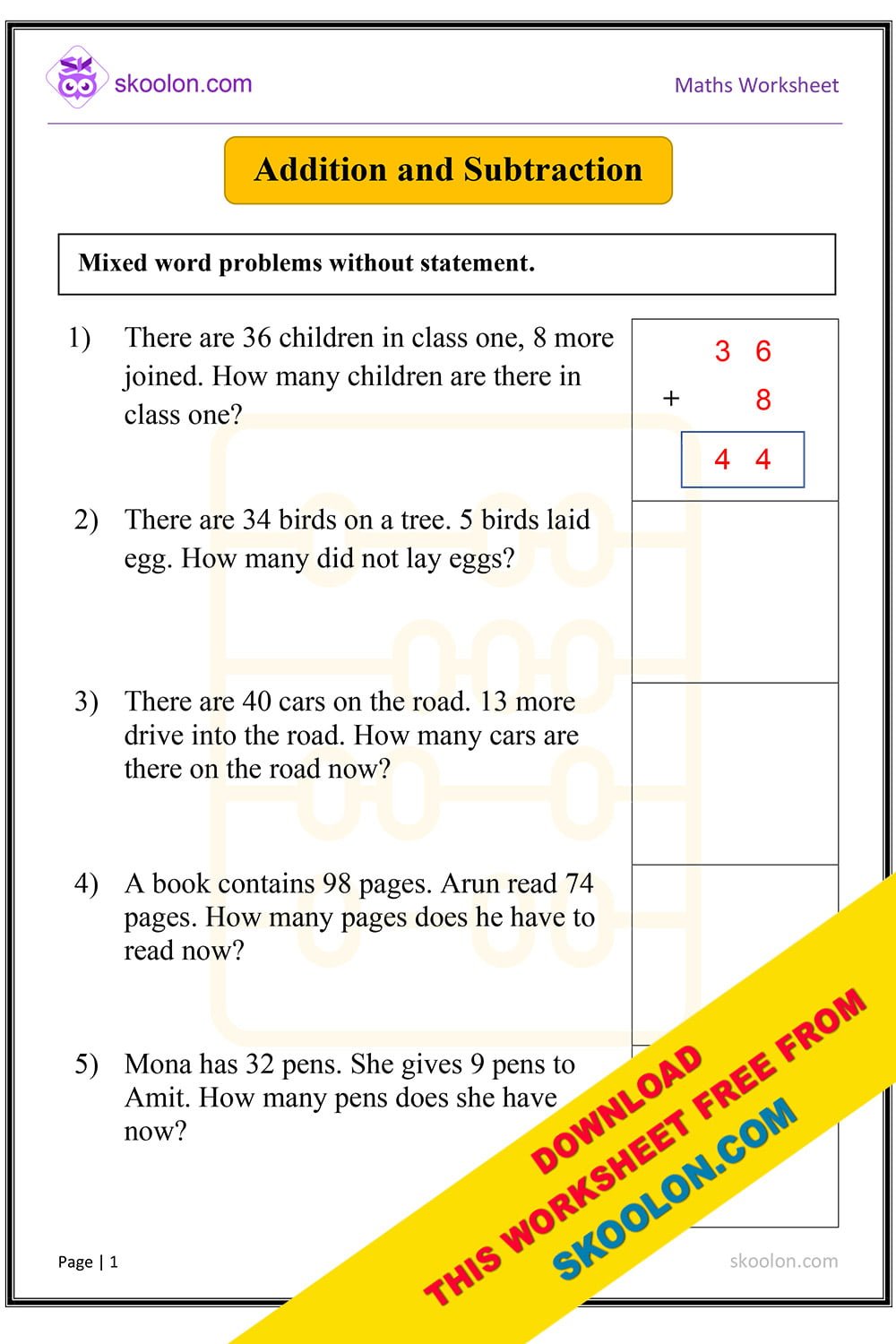 Addition and Subtraction word Problems - skoolon.com