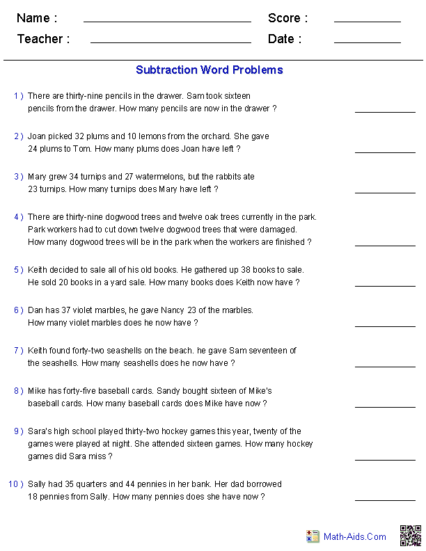Word Problems Worksheets | Dynamically Created Word Problems