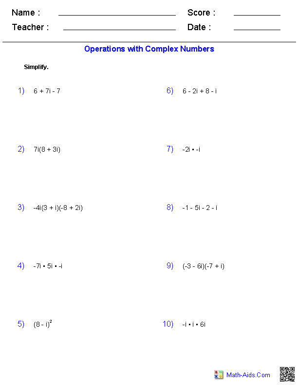 Algebra 2 Worksheets | Complex Numbers Worksheets