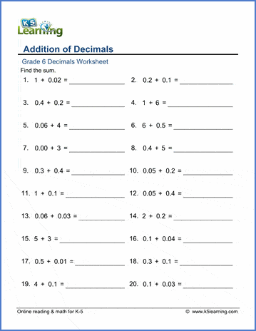 Grade 6 Math Worksheets: Addition of decimals | Worsheets library
