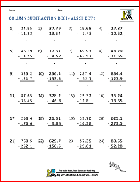 Decimal Subtraction Worksheets