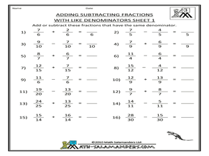 Adding Subtracting Fractions With Like Denominators Sheet 1 ...