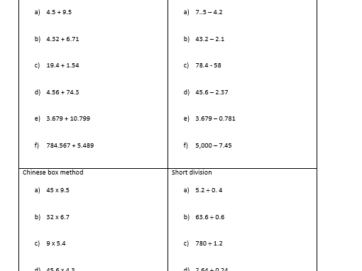 adding subtracting multiplying and dividing decimals worksheet