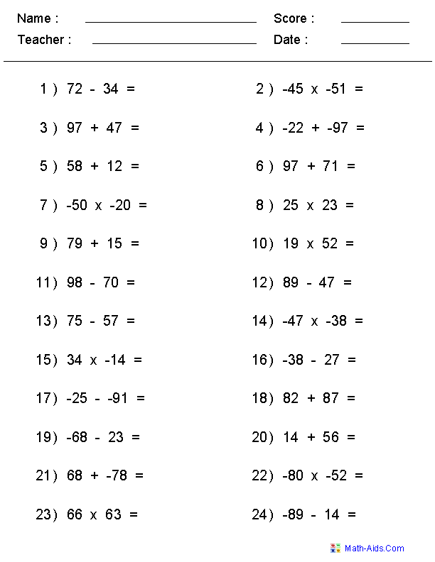 adding subtracting multiplying and dividing negative numbers worksheet