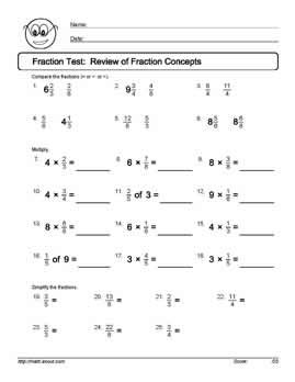 Fraction Tests and Worksheets