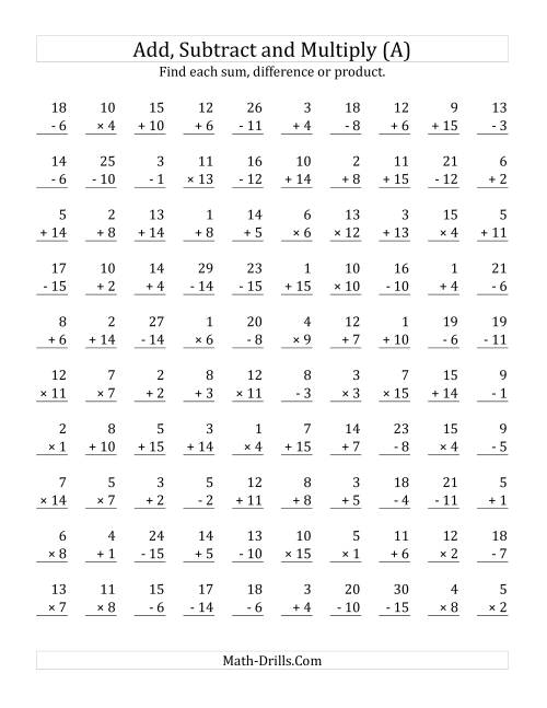 Adding, Subtracting and Multiplying with Facts From 1 to 15 (A)
