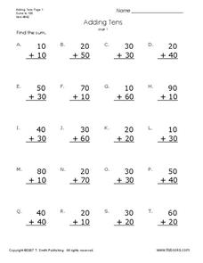 Adding Tens Worksheet for 1st - 2nd Grade | Lesson Planet