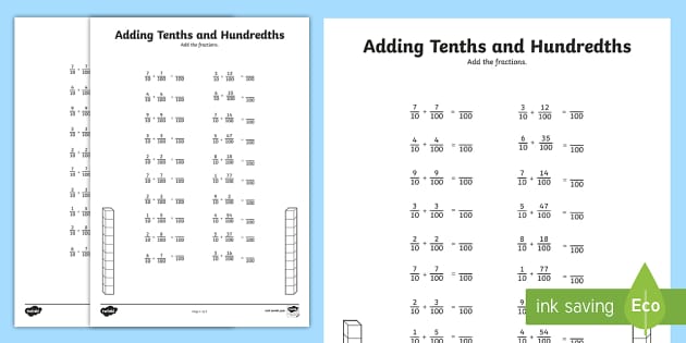 adding tenths and hundredths fractions worksheet