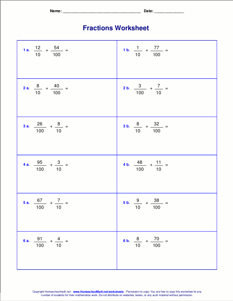 adding tenths and hundredths fractions worksheet