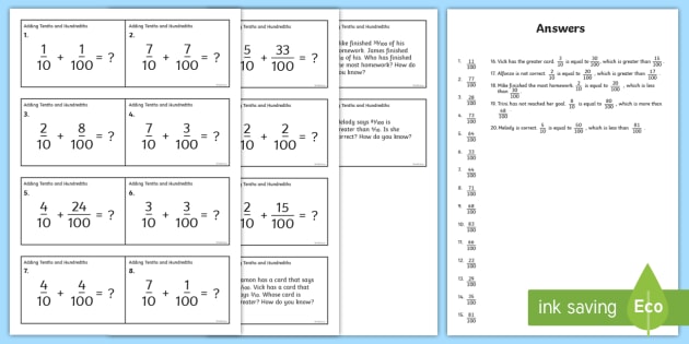 adding tenths and hundredths fractions worksheet