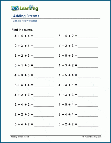 Adding 3 terms worksheets | Worsheets library