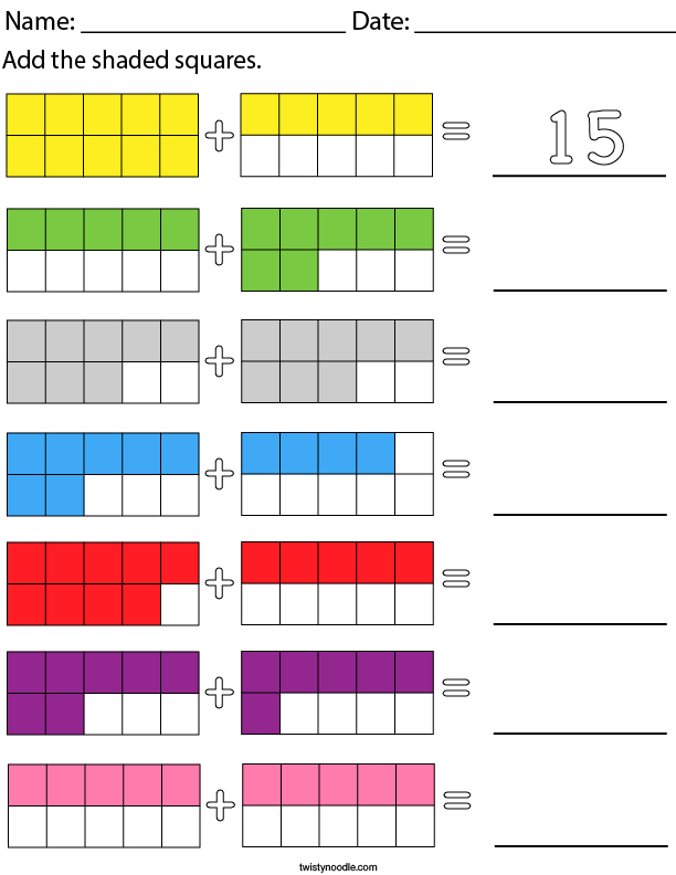 Addition with 10 frames-up to 20 Math Worksheet - Twisty Noodle