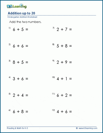 Single digit addition to 20 worksheets | Worsheets library