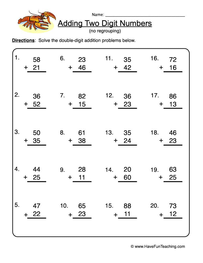 Double Digit Addition without Regrouping Worksheet  