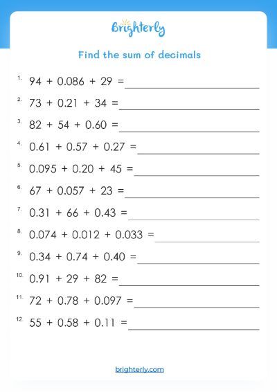 Free Printable Adding Decimals Worksheet [PDFs] Brighterly.com