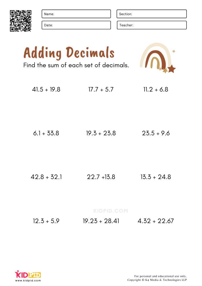 Adding Decimals Math Worksheets - Kidpid
