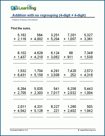 4-digit addition (no regrouping) worksheets | Worsheets library